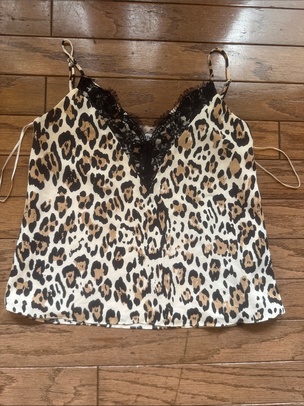 Leopard Print Lace-Trim Cami Top in Beige and Black